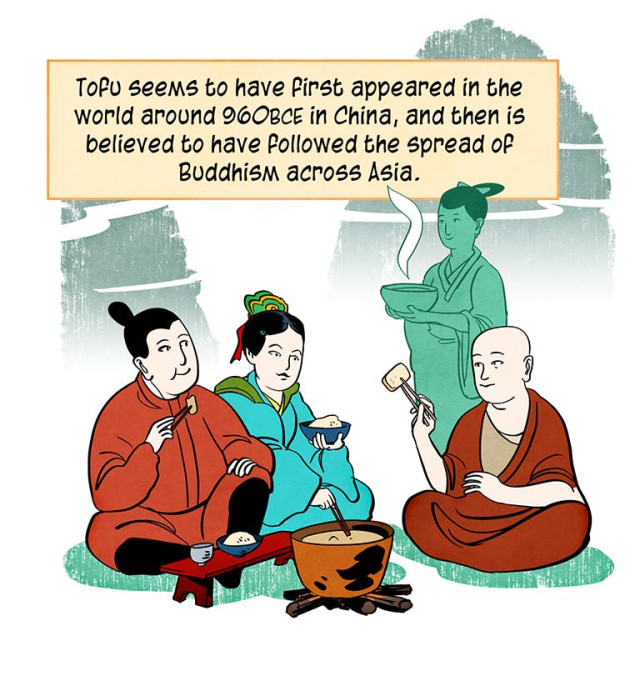 Chinese Buddhists sitting eating tofu