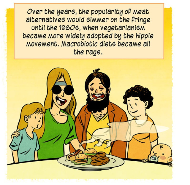 Hippie family smiling at plate of meatless meat