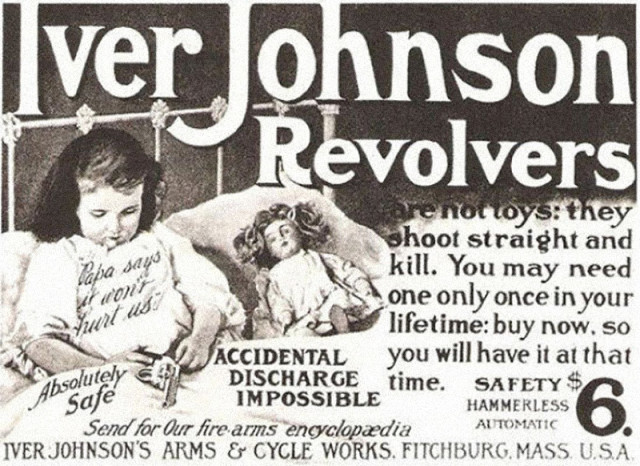 An ad for Iver Johnson revolvers, featuring a little girl holding a revolver in bed.