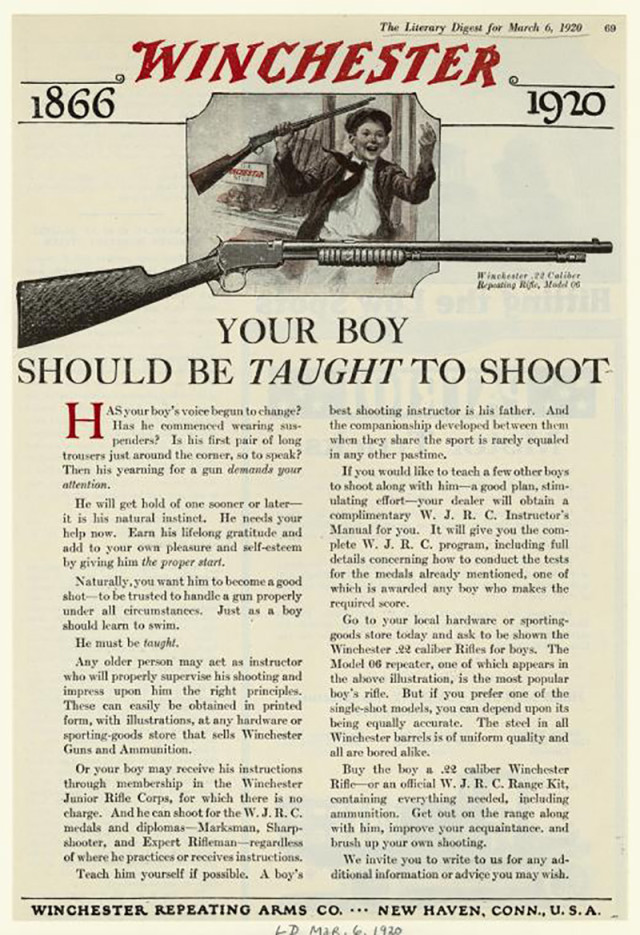 An ad in Winchester news, reading "Your Boy Should Be Taught To Shoot."