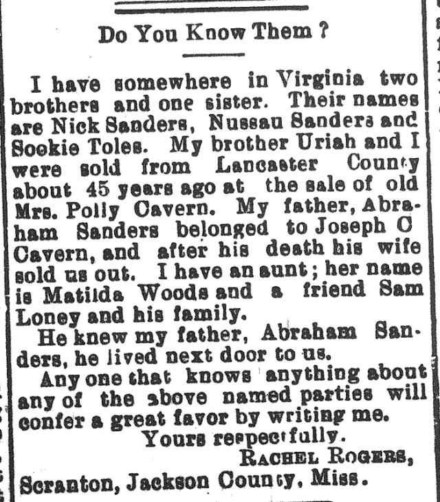 A missing family member advertisement with black text on a white background. The title reads "Do you know them?" and is signed from Rachel Rogers. 