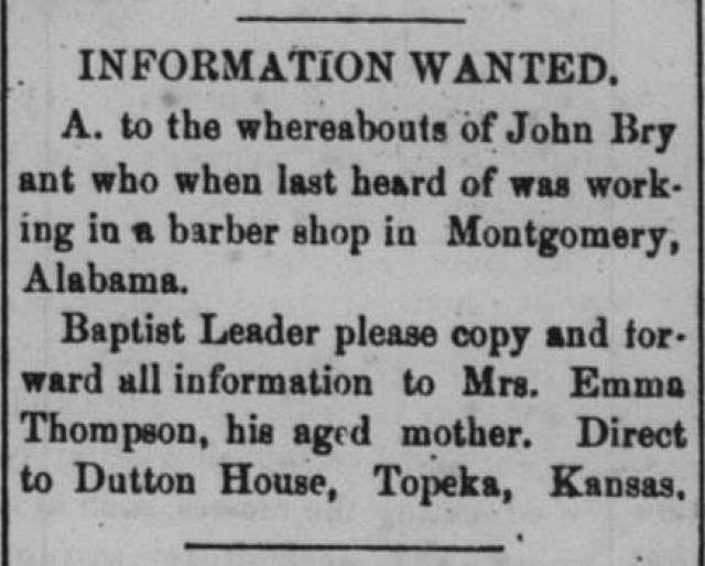 A missing family advertisement with black text on a gray background. It's titled "Information Wanted" about the whereabouts of John Bry. It's located in Topeka, Kansas