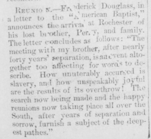 An ad reporting on the reunion of Frederick Douglass with his brother Perry. Faded black text on a white background